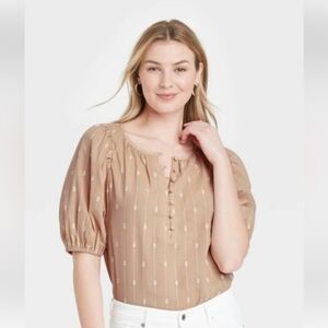 Universal Thread Puff elbow sleeve button Pullover Top Blouse